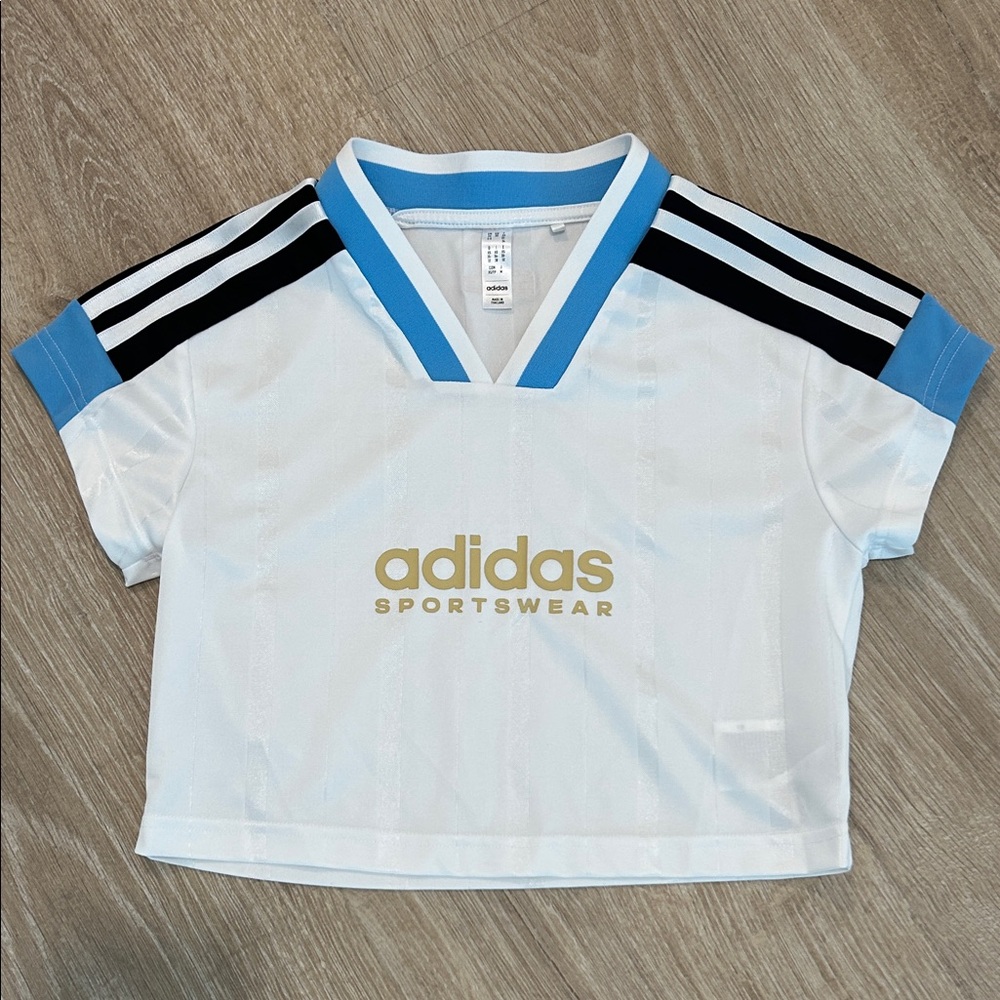 adidas White & Light Blue Kids' Sports Tee with Gold Logo